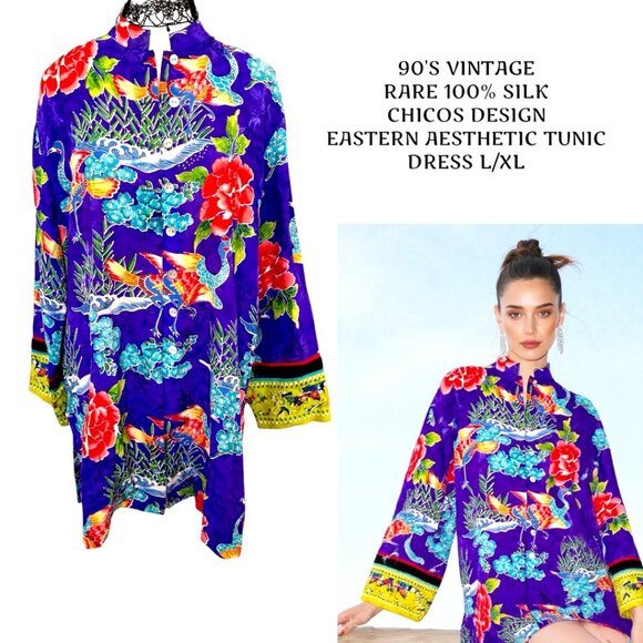 90'S VTG. RARE CHICOS DESIGN 100% SILK FAR EASTERN AESTHETIC TUNIC DRESS L/XL - Picture 1 of 7